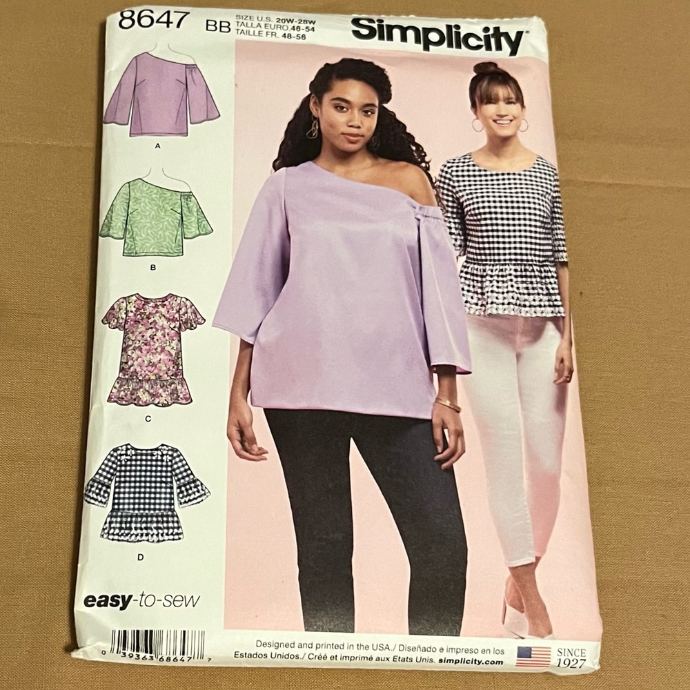 Simplicity Easy to Sew Pattern #8647 Size US 20W-28W BB 4 Styles of Tops NEW!!!